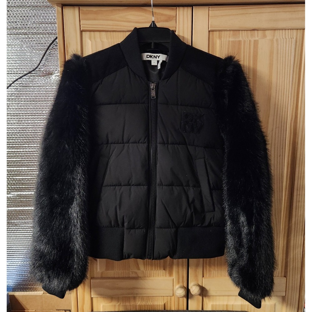 DKNY Puffer Jacket Womens Size M Black Faux Fur Sleeve Bomber Quilted Zip Coat
